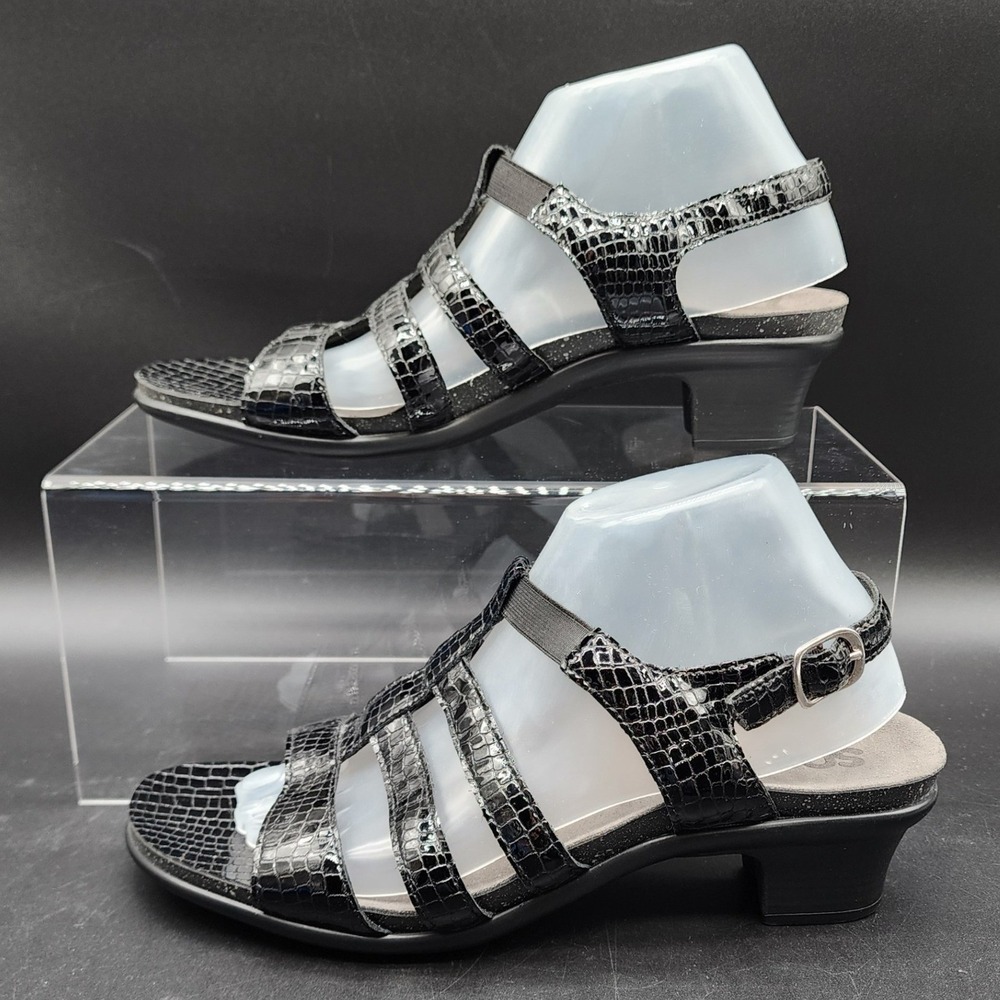 SAS 11 M Black Croco Sanibel Strappy Wedge Sandals Comfort Walking Dressy Shoes